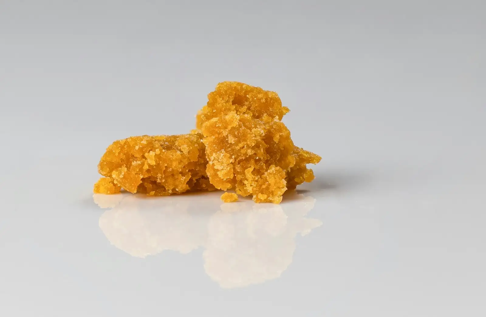 Deux morceaux de concentré de chanvre ambré à texture cireuse et friable, posés sur un fond blanc