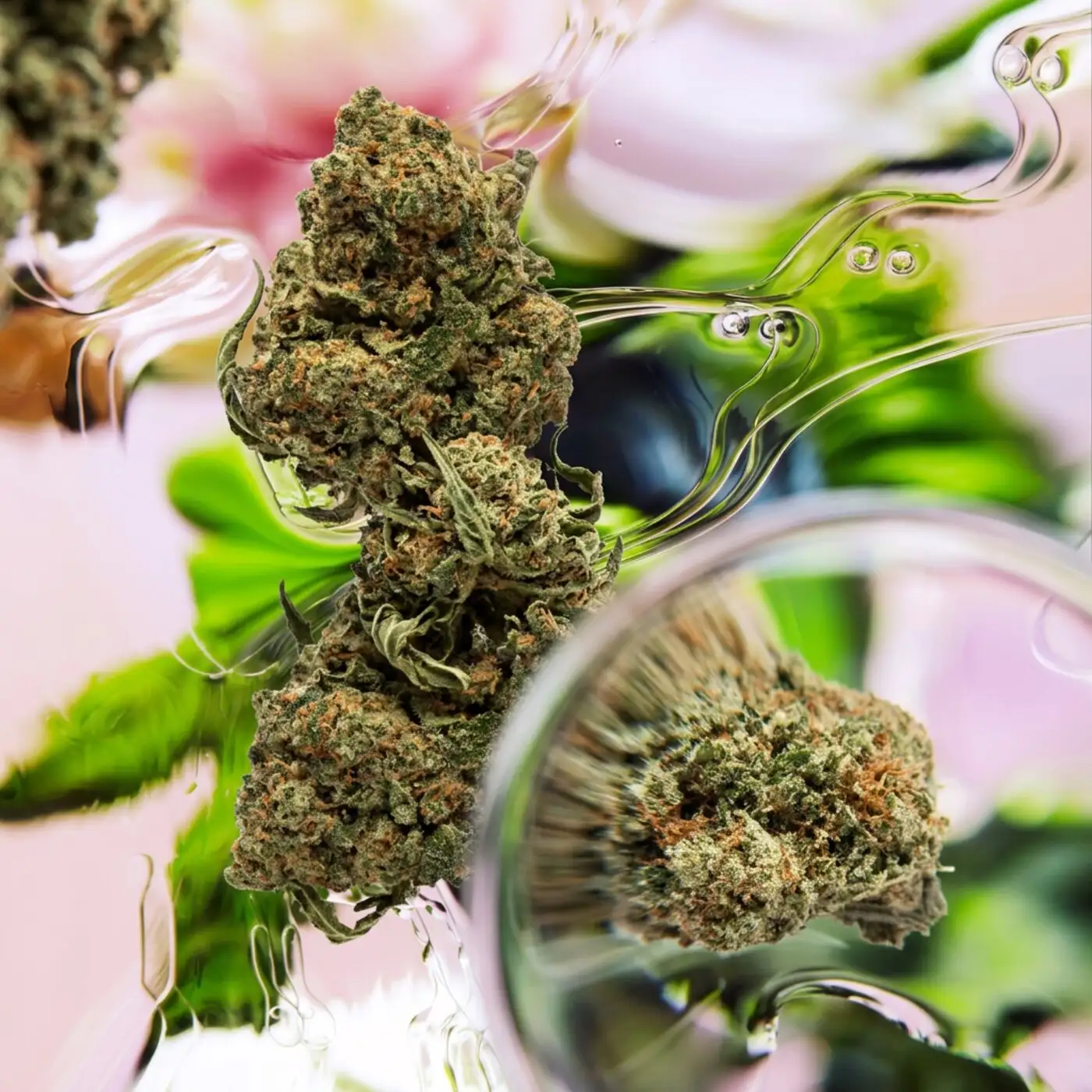 Gros plan de têtes de CBD devant des fleurs roses et du feuillage, à travers un effet de verre