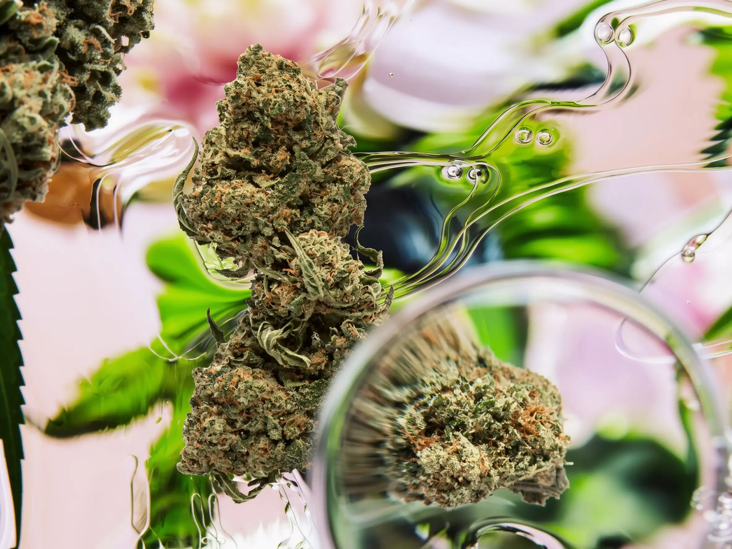 Gros plan de têtes de CBD devant des fleurs roses et du feuillage, à travers un effet de verre