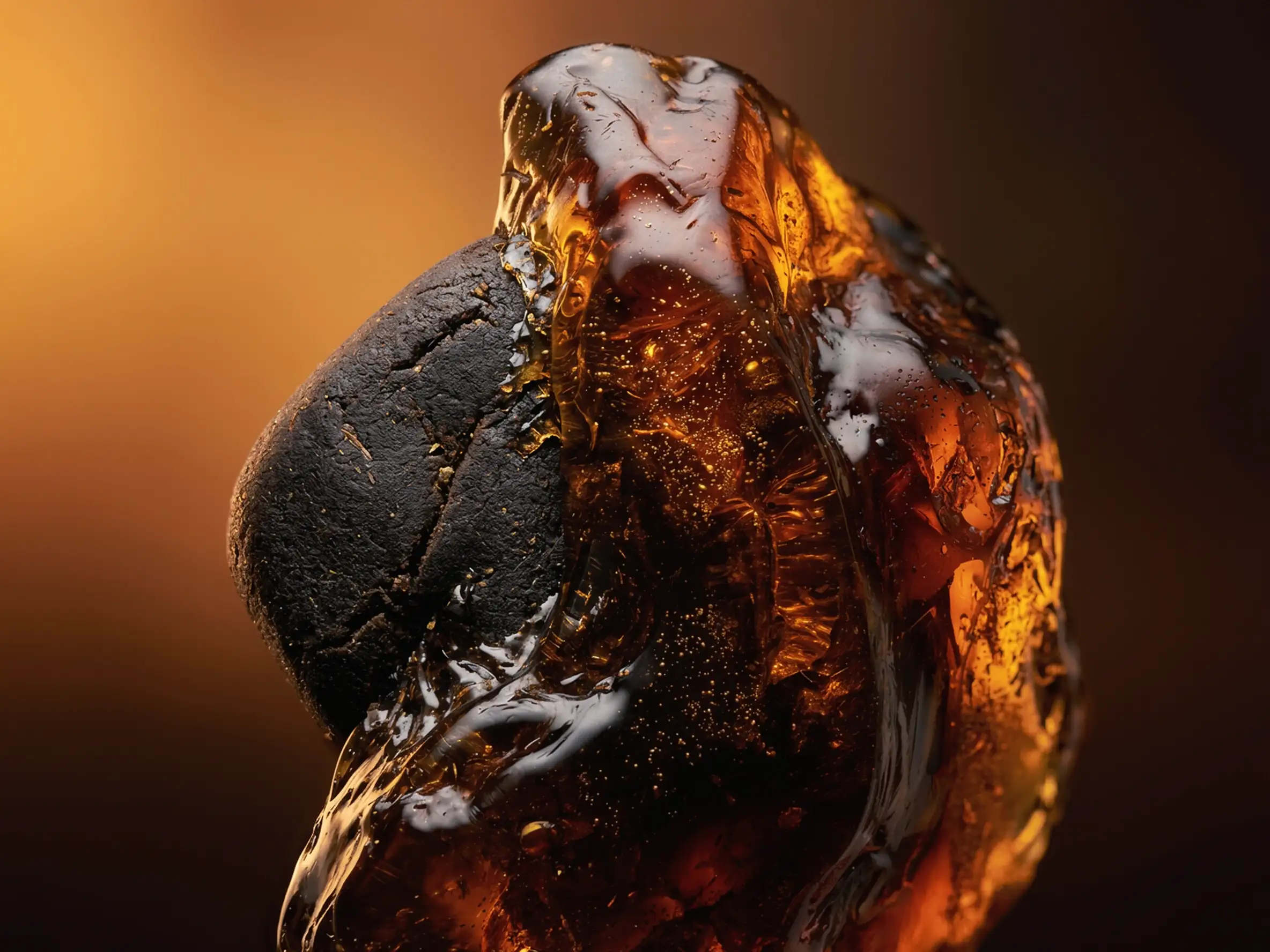 Gros plan macro d'une boule de hash et d'une résine ambrée translucide