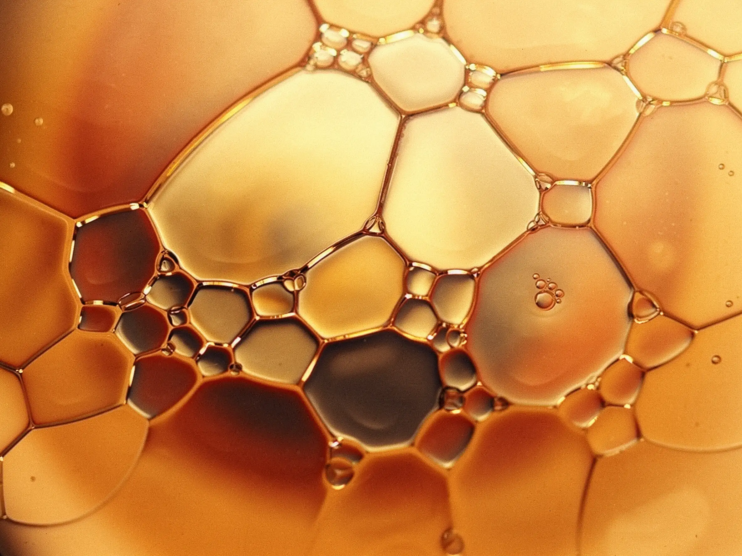 Gros plan macro de bulles d'huile dorées