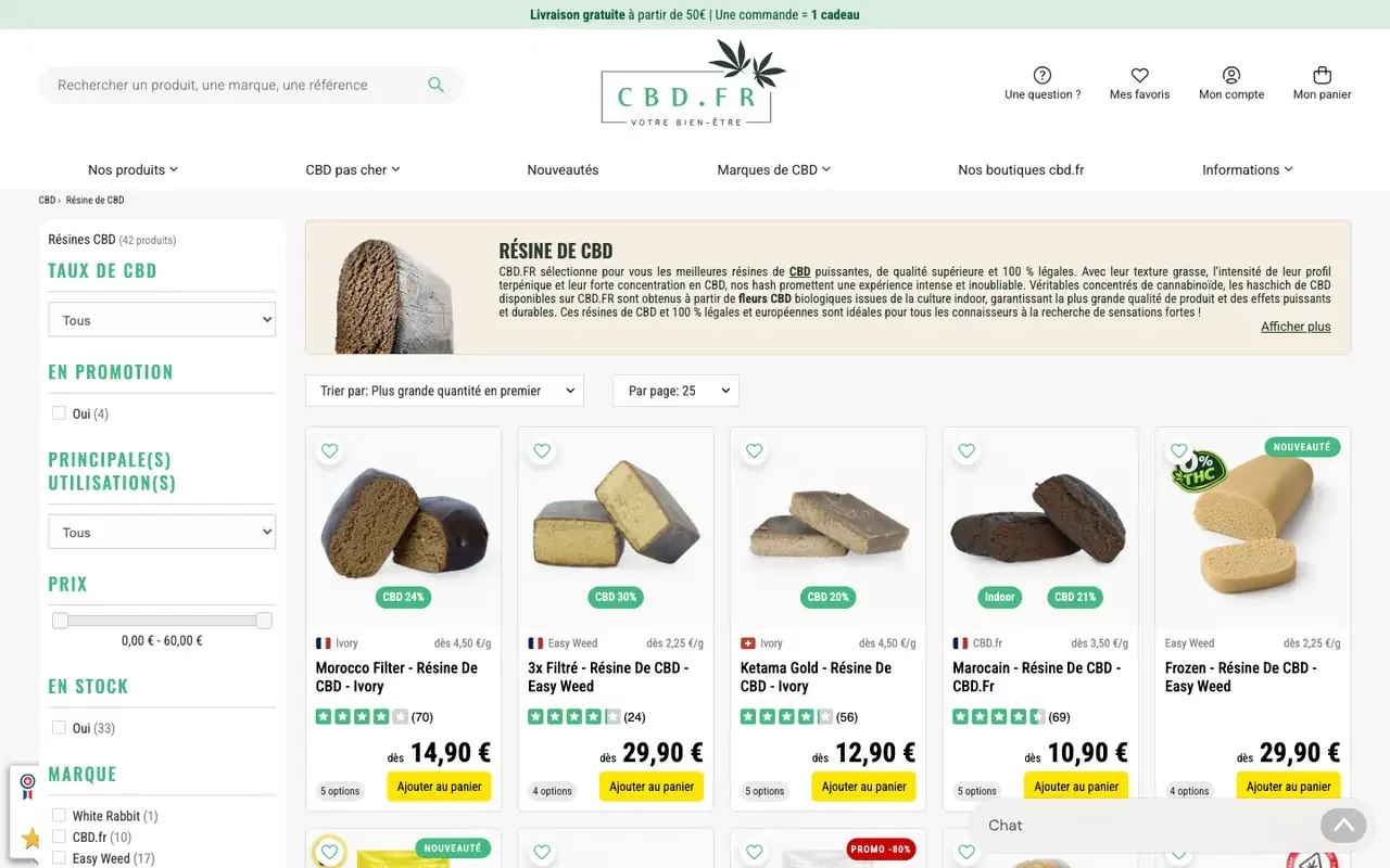 Rayon résine de CBD.fr, capture d'écran du 11 octobre 2026