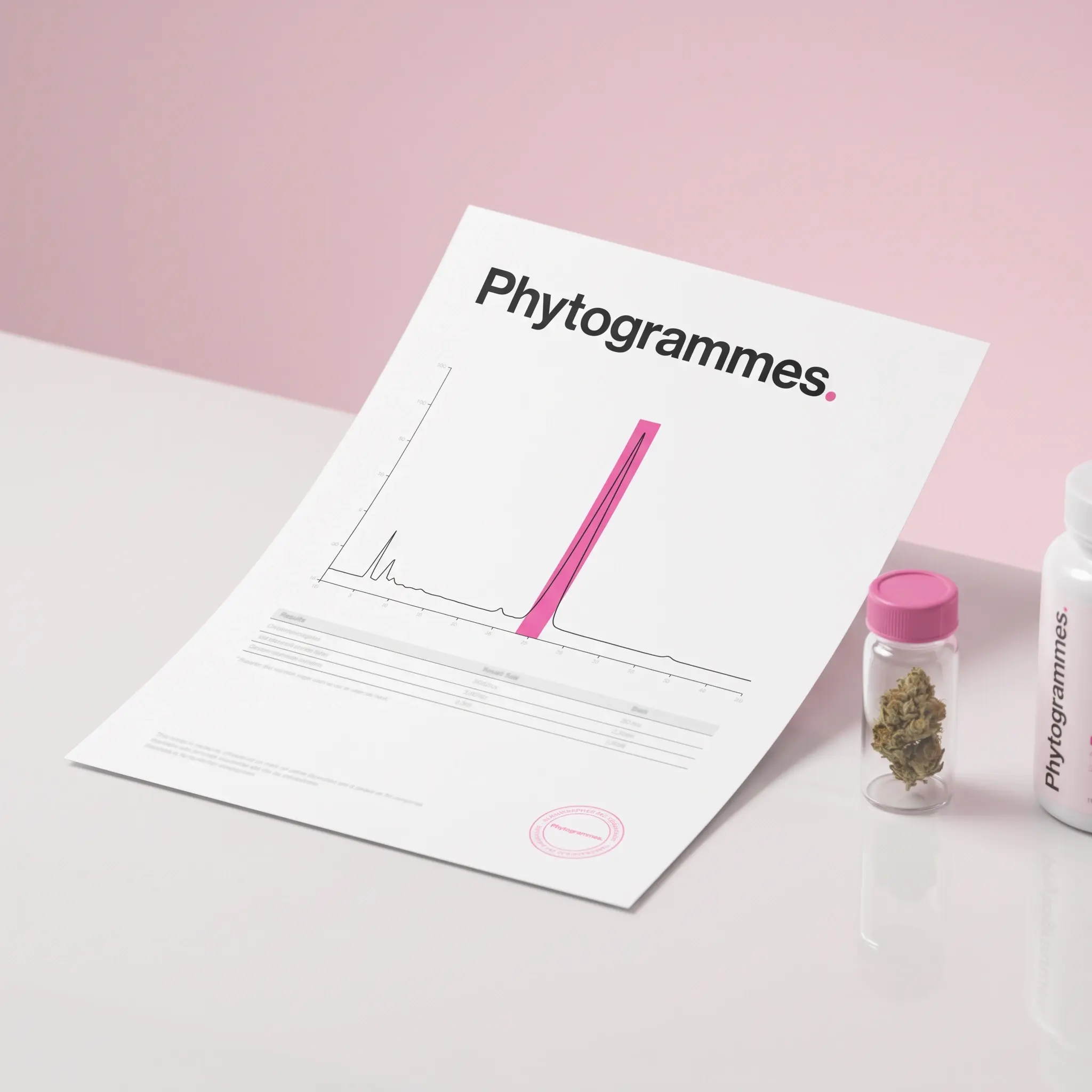Certificat d'analyse HPLC Phytogrammes, chromatogramme et flacon de fleur