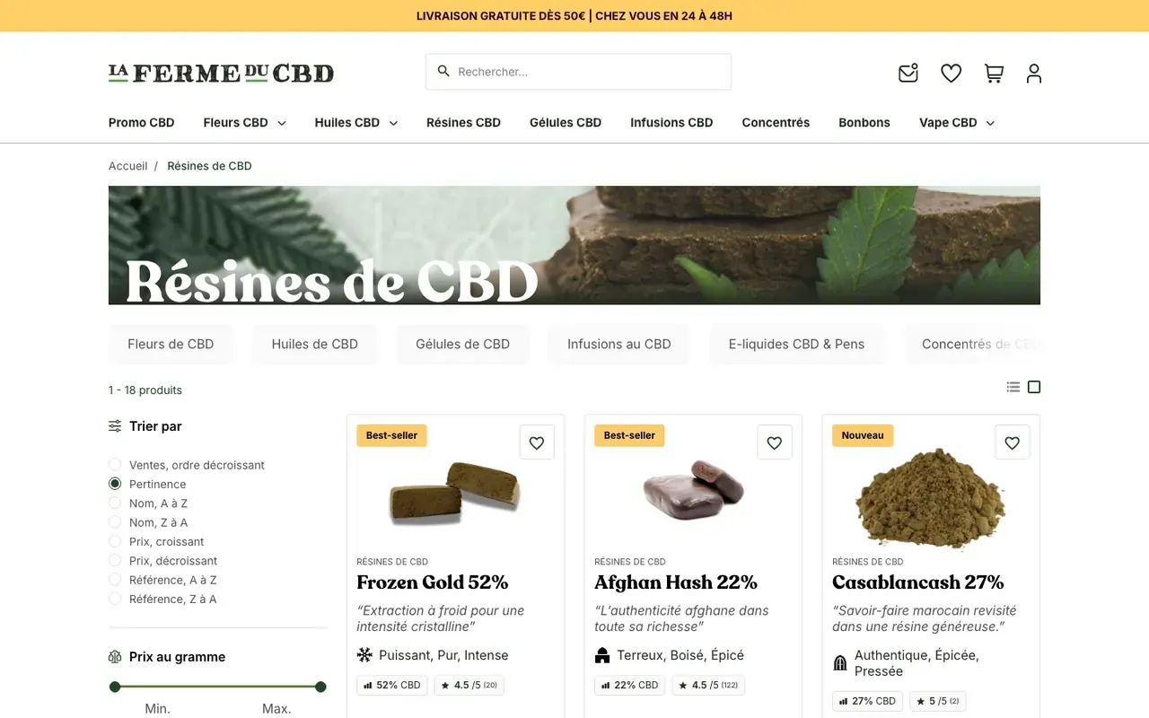 Rayon résine de La Ferme du CBD, capture d'écran du 11 octobre 2026