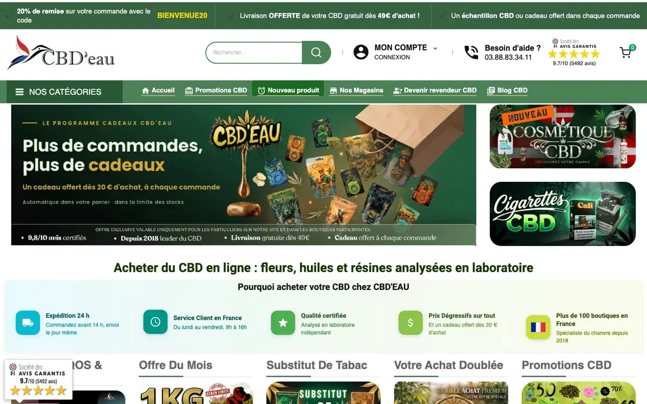 Page d'accueil de CBD'EAU, capture d'écran du 7 octobre 2026