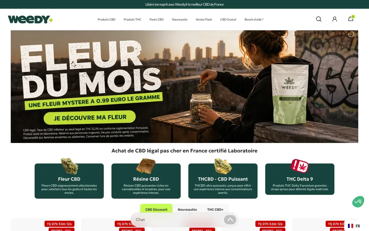 Page d'accueil de Weedy, capture d'écran du 7 octobre 2026