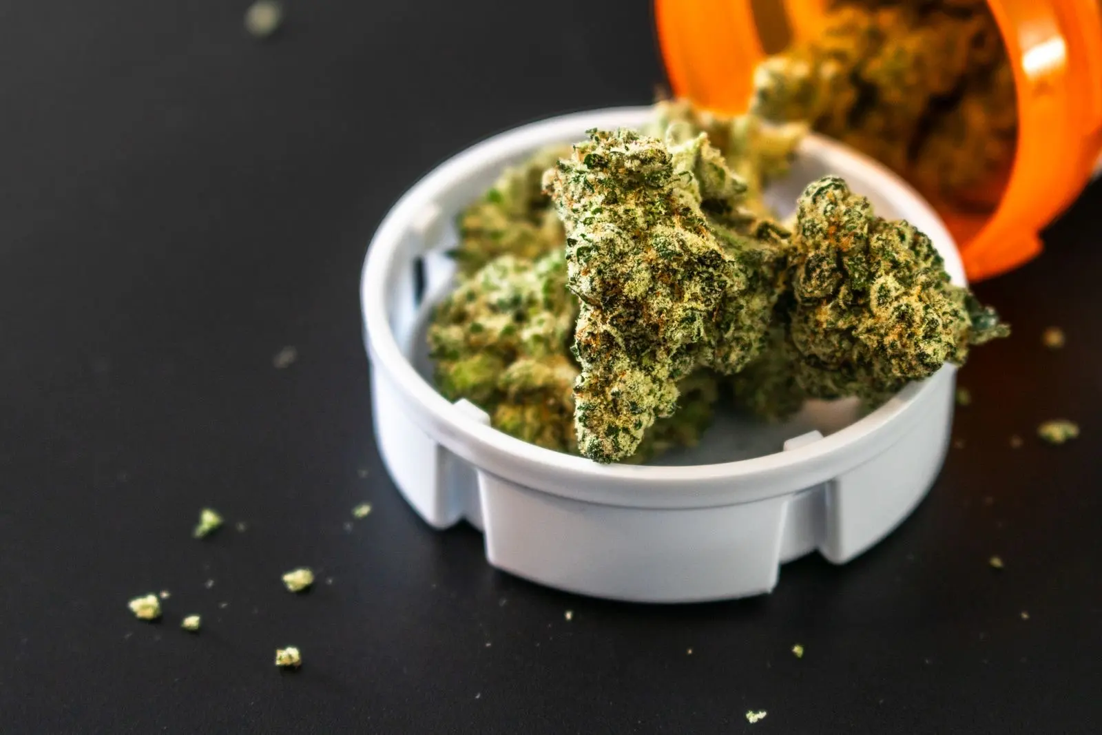 Sommités de cannabis séchées dans le couvercle d'un flacon de pharmacie orange renversé